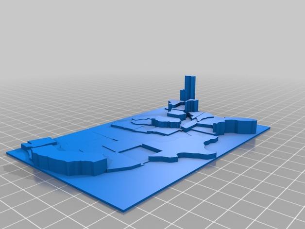立体美国地图3D打印模型