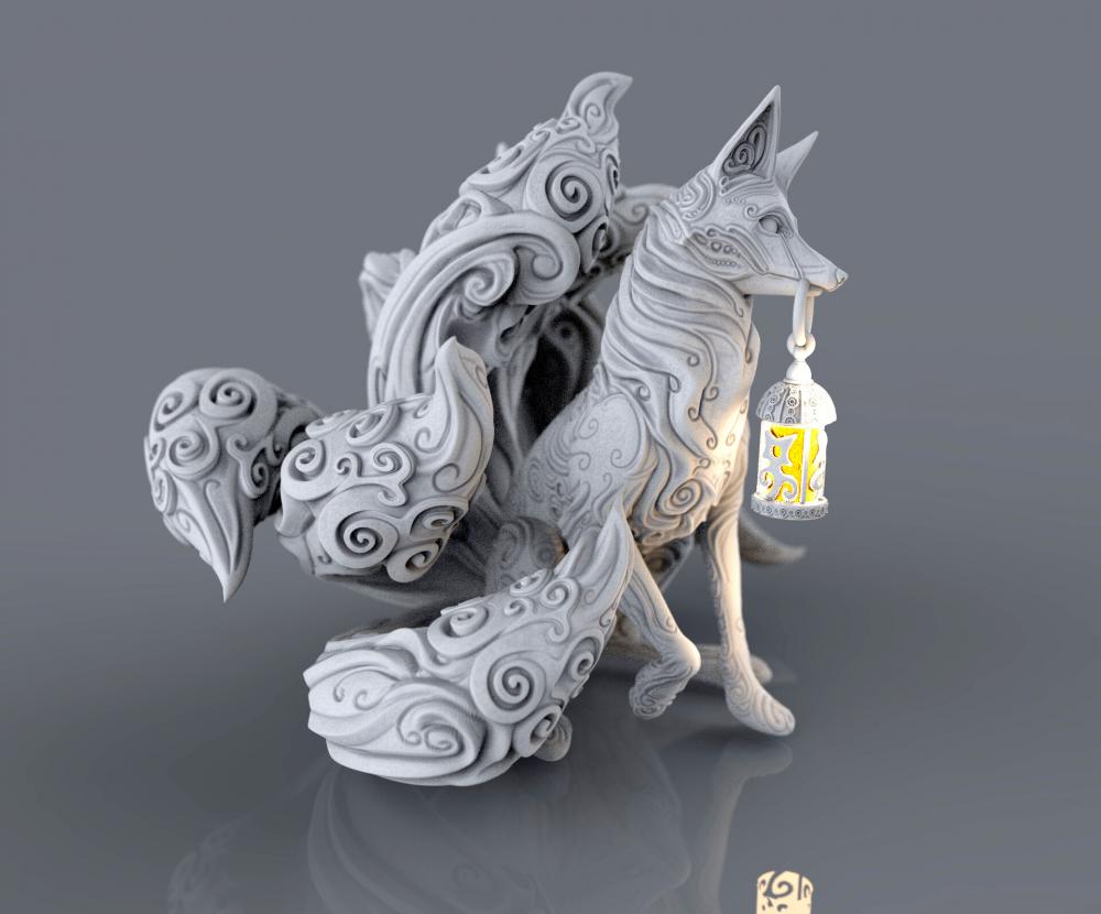 叼灯九尾狐3D打印模型