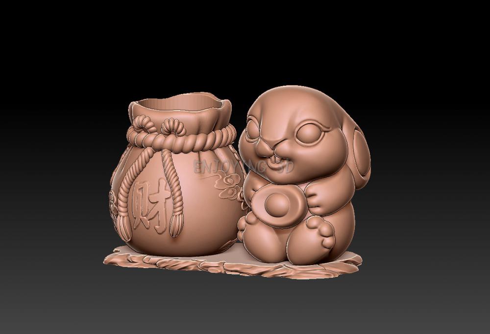兔年聚财笔筒 33D打印模型