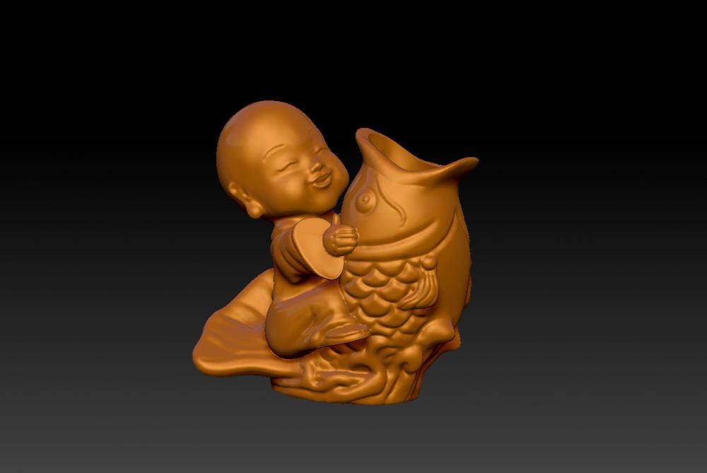 小和尚年年有余-花器 (花瓶)3D打印模型