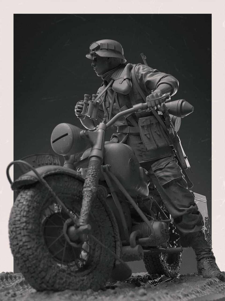 德军二战士兵骑哈雷摩托3D打印模型