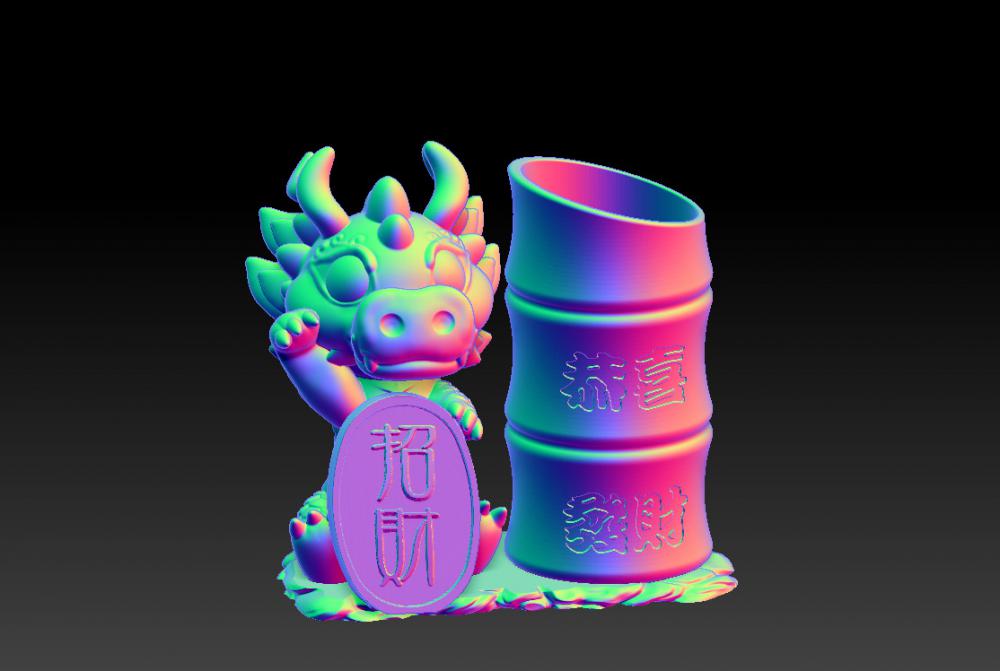 龙年恭喜发财笔筒 33D打印模型
