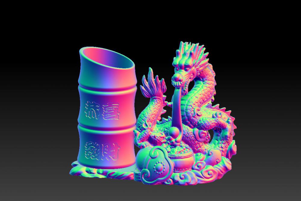 财源滚滚盘龙吐珠-恭喜发财笔筒3D打印模型