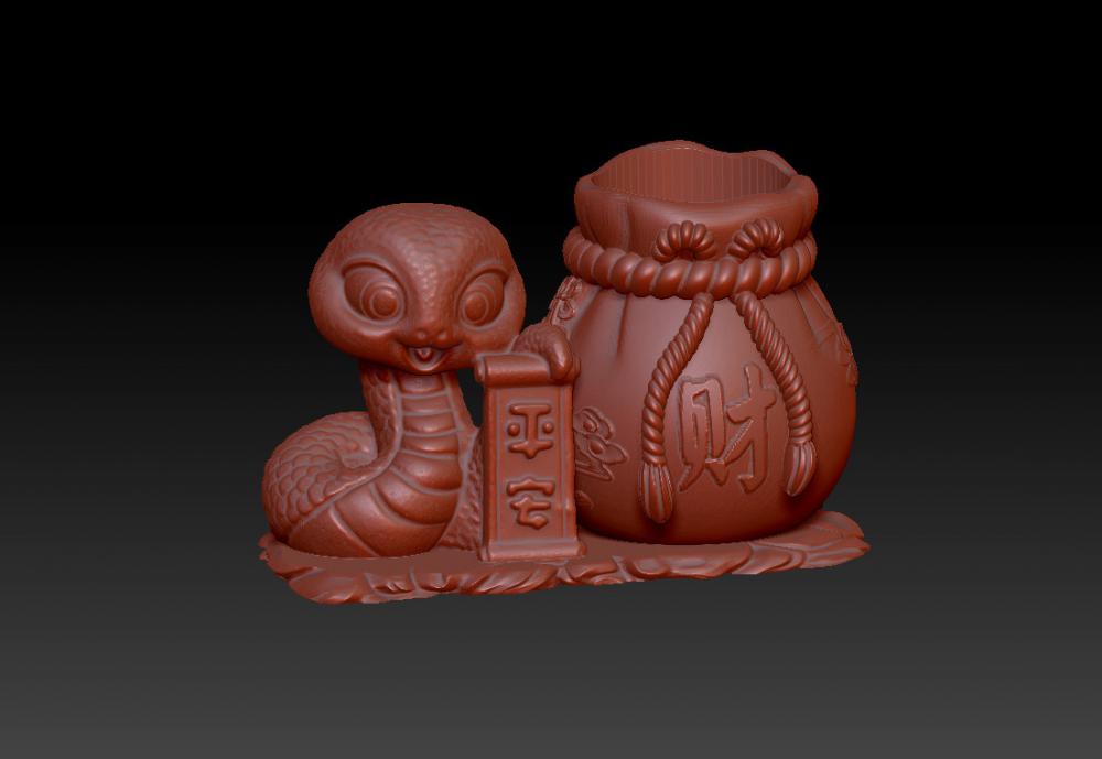 蛇年聚财笔筒 43D打印模型