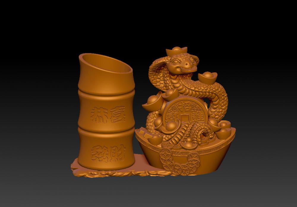 蛇年恭喜发财笔筒 4-13D打印模型