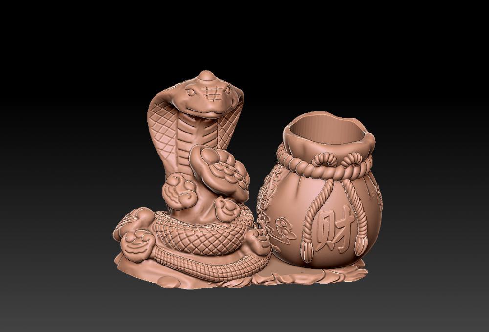 蛇年聚财笔筒 53D打印模型