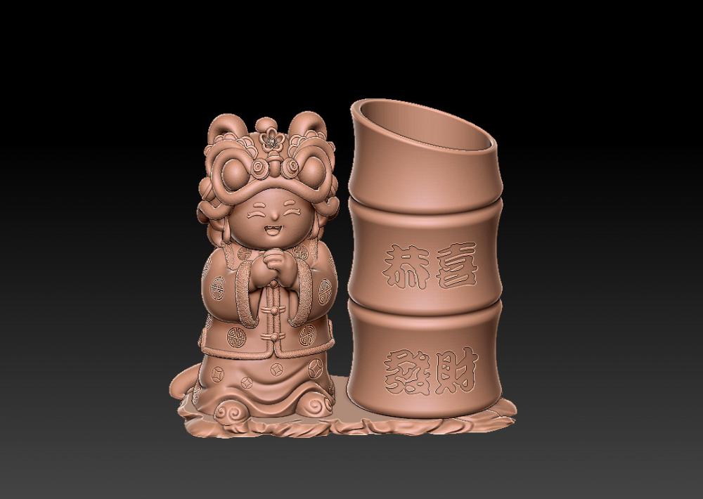 蛇年恭喜发财笔筒 53D打印模型