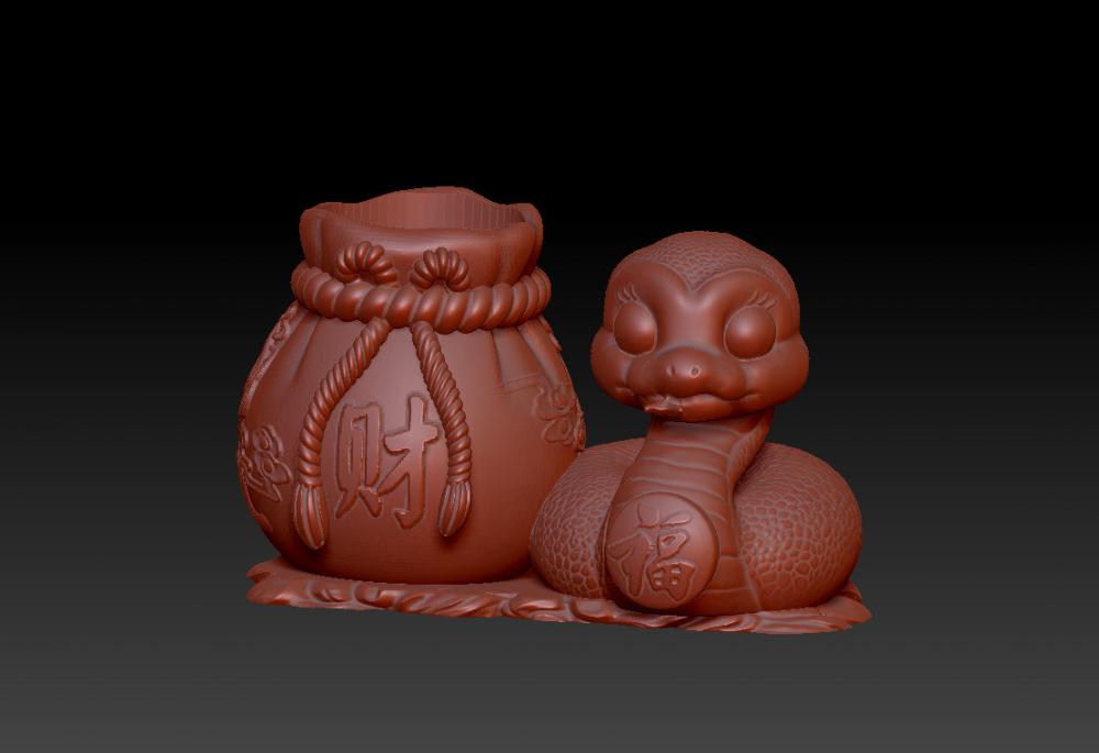 蛇年聚财笔筒 73D打印模型