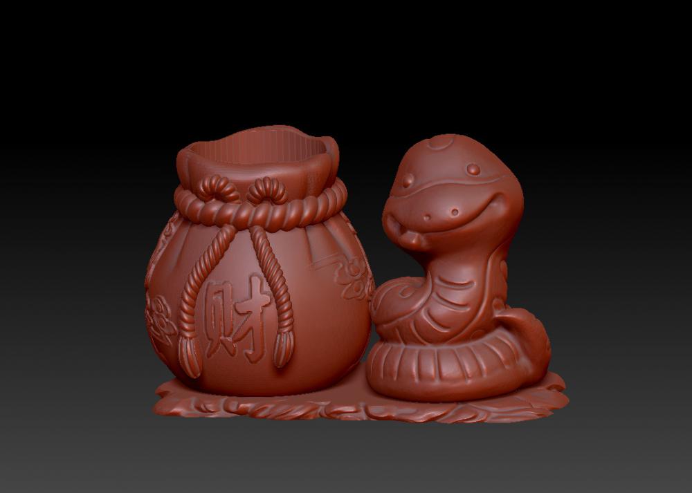 蛇年聚财笔筒 83D打印模型