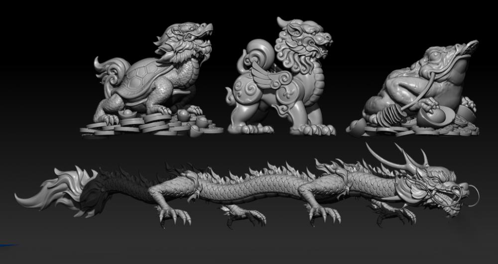 中国古神兽合集  龙  瑞兽 麒麟  貔貅 赑屃 狻猊3D打印模型